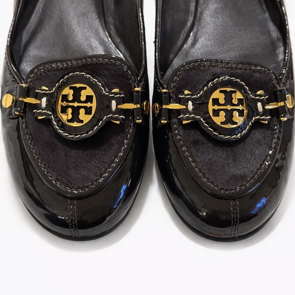 NWOT Tory Burch Dark Brown Patent Leather & Haircalf Ballet Flats Gold Hardware - Picture 4 of 17